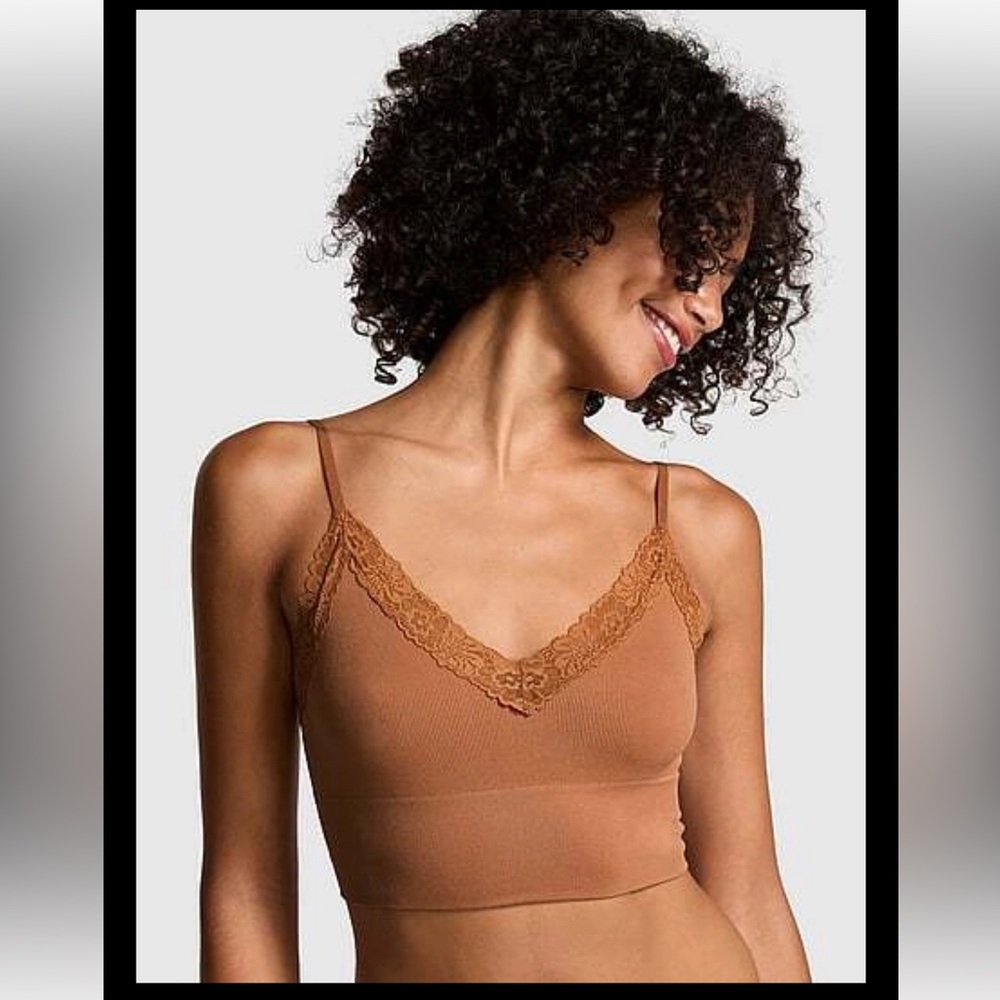 NWT Victoria’s Secret PINK Seamless Lace Trim Caramel Tan Longline Bralette S